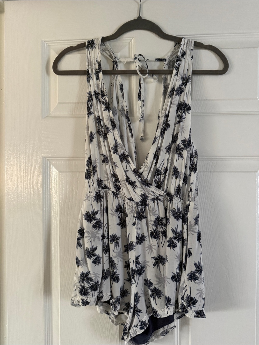 Hem & Thread White Romper with Black Palm Print